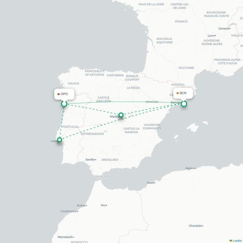 Mapa de vuelo directo Oporto - Barcelona
