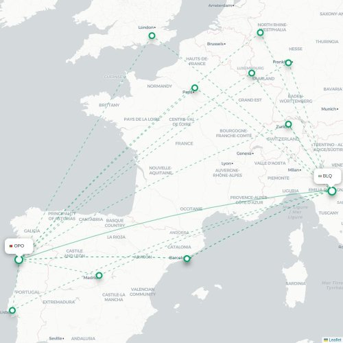 Mapa de vuelo directo Oporto - Bolonia