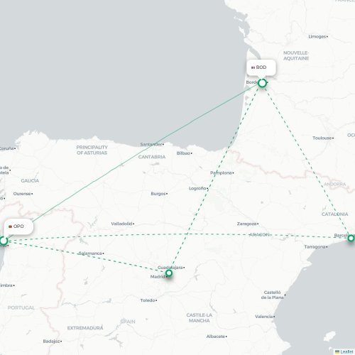 Mapa de vuelo directo Oporto - Burdeos