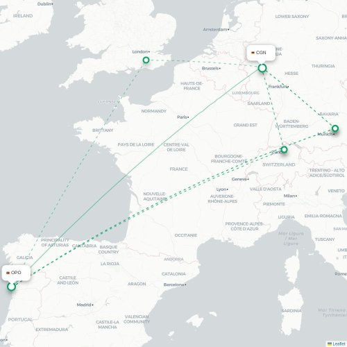 Porto - Köln karta över direktflyg