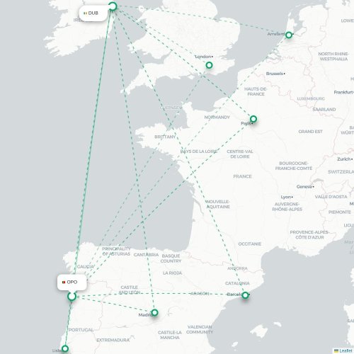 Mapa lotu bezpośredniego Porto – Dublin