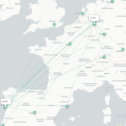Porto - Dusseldorf karta över direktflyg
