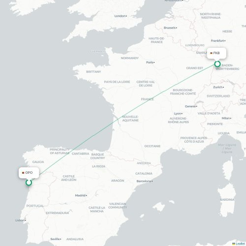 Porto - Karlsruhe karta över direktflyg