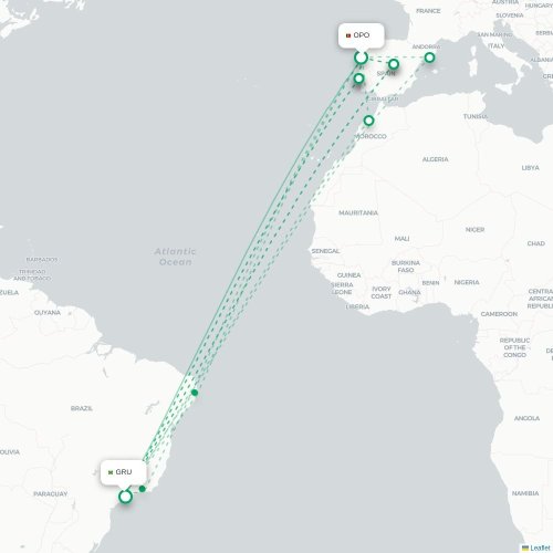 Mapa lotu bezpośredniego Porto – São Paulo