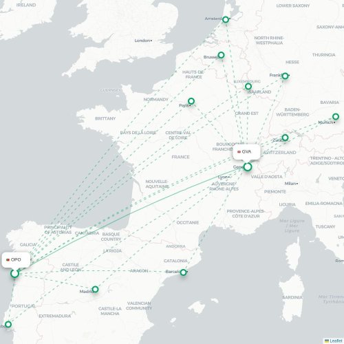 Mapa de vuelo directo Oporto - Ginebra