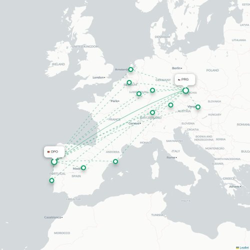 Mapa lotu bezpośredniego Porto – Praga