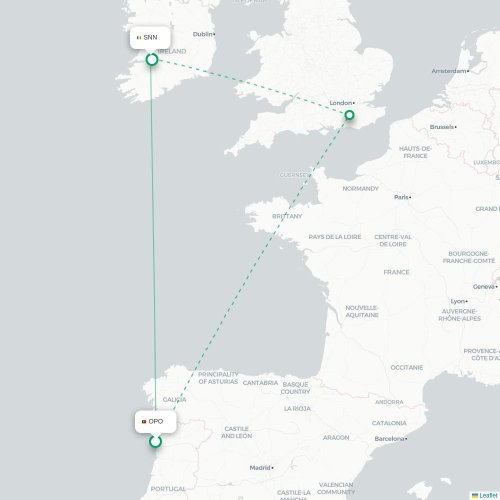 Mapa lotu bezpośredniego Porto – Shannon