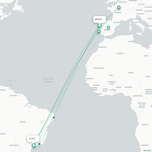Mapa lotu bezpośredniego Porto – São Paulo