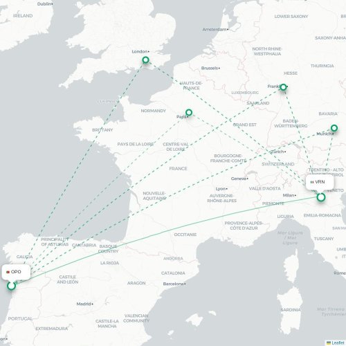 Porto - Verona karta över direktflyg