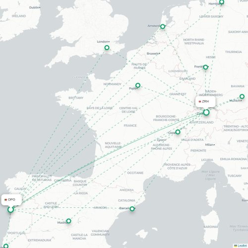 Mapa de vuelo directo Oporto - Zúrich