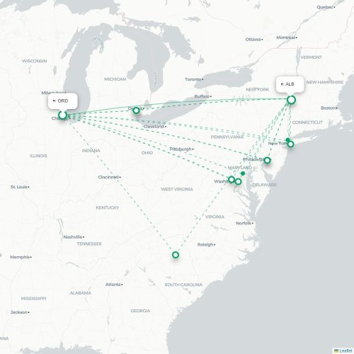 Mapa lotu bezpośredniego Chicago – Albany