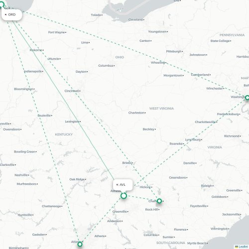 Mapa de vuelo directo Chicago - Asheville