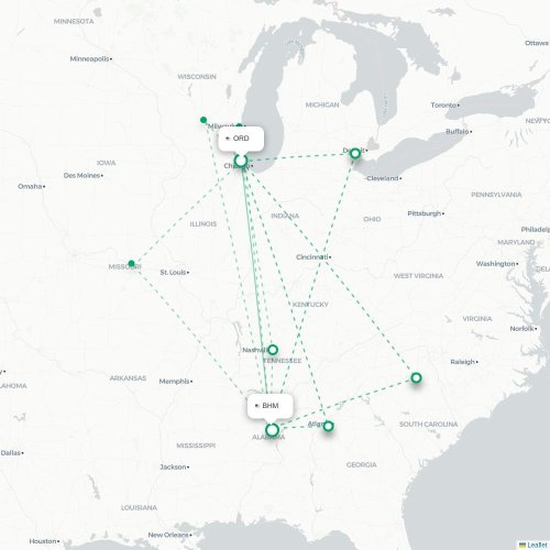 Mapa de vuelo directo Chicago - Birmingham