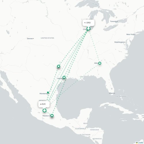 Mapa lotu bezpośredniego Chicago – León