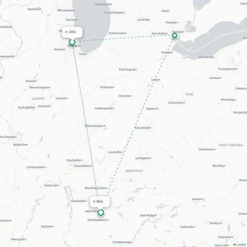 Mapa lotu bezpośredniego Chicago – Nashville