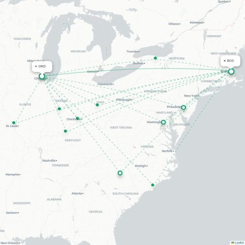 Mapa de vuelo directo Chicago - Boston
