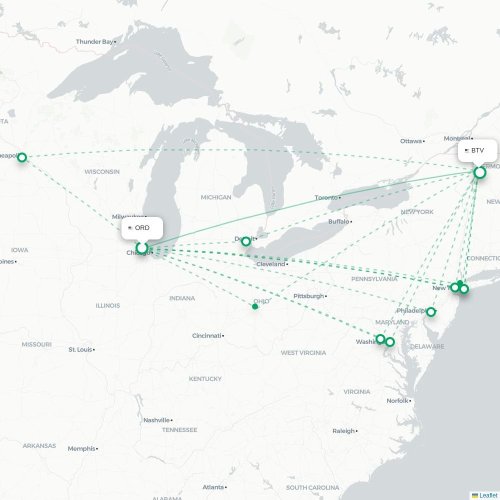 Mapa de vuelo directo Chicago - Burlington