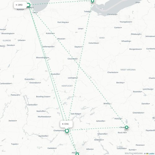 Mapa de vuelo directo Chicago - Chattanooga