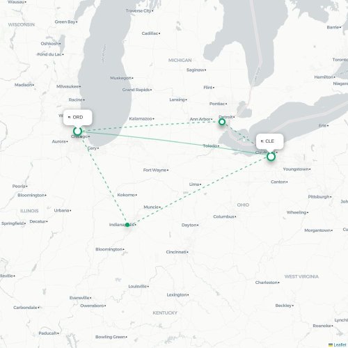 Mapa lotu bezpośredniego Chicago – Cleveland