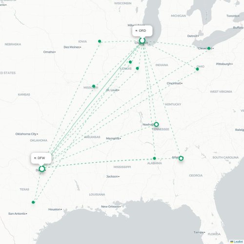 Mapa de vuelo directo Chicago - Dallas