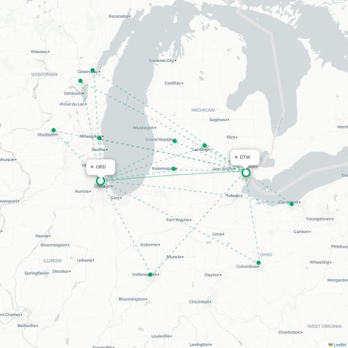 Mapa lotu bezpośredniego Chicago – Detroit
