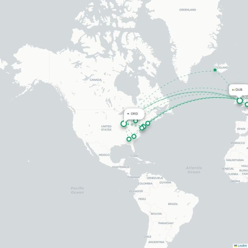 Mapa de vuelo directo Chicago - Dublín