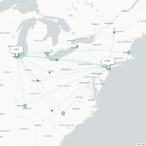 Mapa de vuelo directo Chicago - Newark