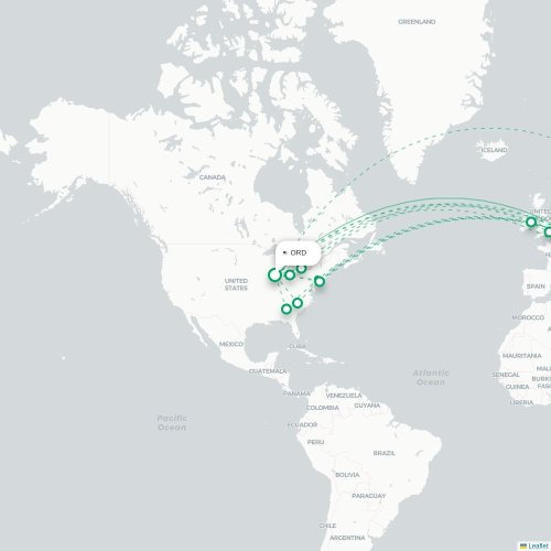Mapa de vuelo directo Chicago - Fráncfort