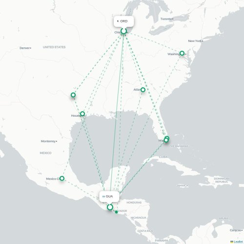 Mapa lotu bezpośredniego Chicago – Gwatemala