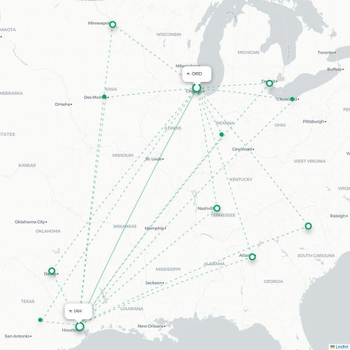 Mapa de vuelo directo Chicago - Houston