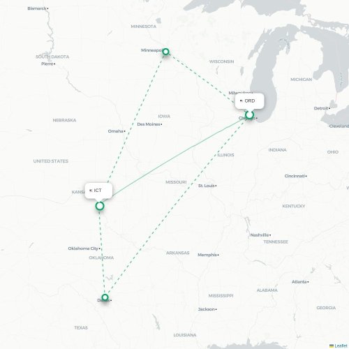 Chicago - Wichita kaart van rechtstreekse vlucht