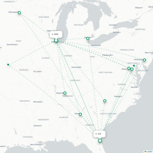 Mapa de vuelo directo Chicago - Jacksonville