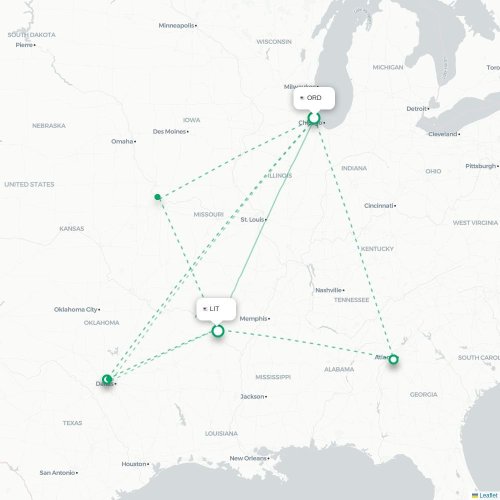 Mapa de vuelo directo Chicago - Little Rock