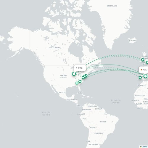Mapa de vuelo directo Chicago - Madrid