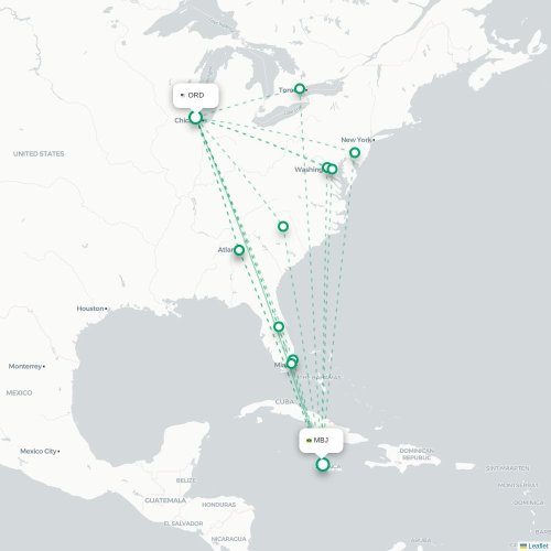 Mapa de vuelo directo Chicago - Bahía Montego