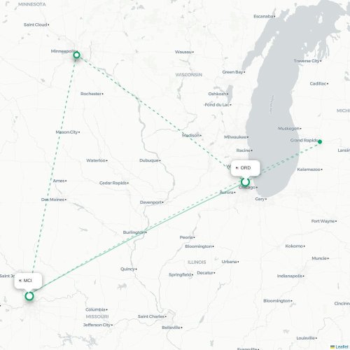 Mapa lotu bezpośredniego Chicago – Kansas City