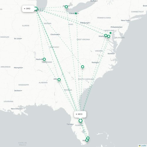 Mapa de vuelo directo Chicago - Orlando