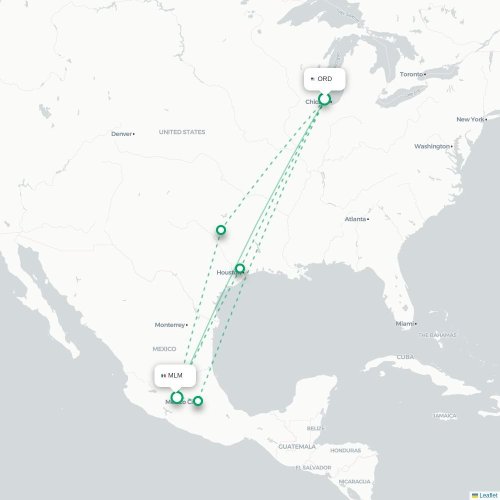 Mapa lotu bezpośredniego Chicago – Morelia