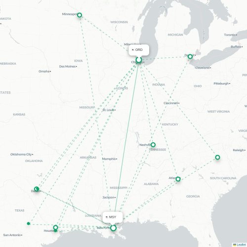 Mapa de vuelo directo Chicago - Nueva Orleans