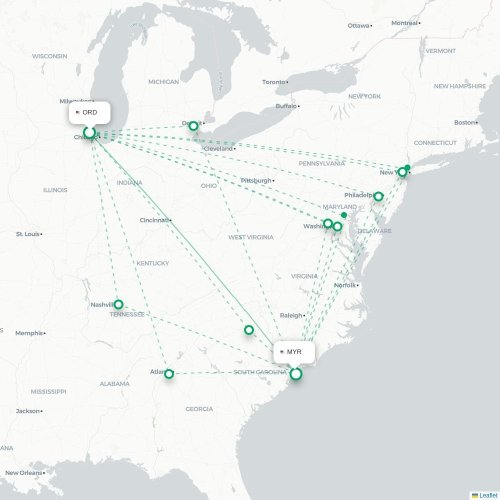 Mapa lotu bezpośredniego Chicago – Myrtle Beach