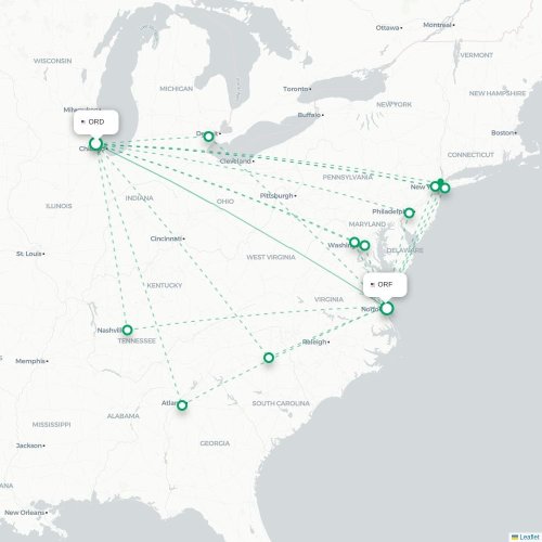 Mapa lotu bezpośredniego Chicago – Norfolk