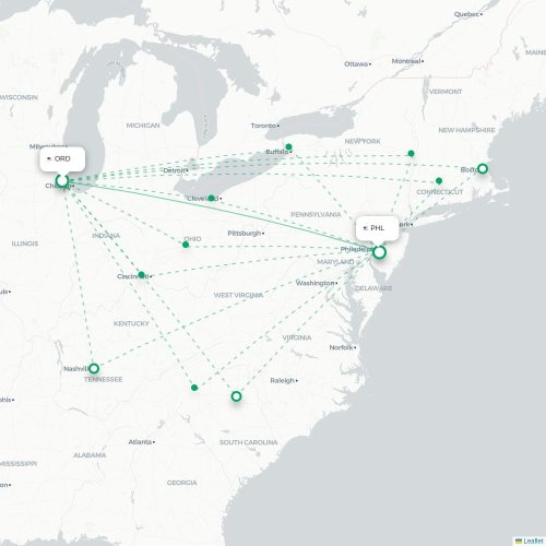 Mapa lotu bezpośredniego Chicago – Filadelfia