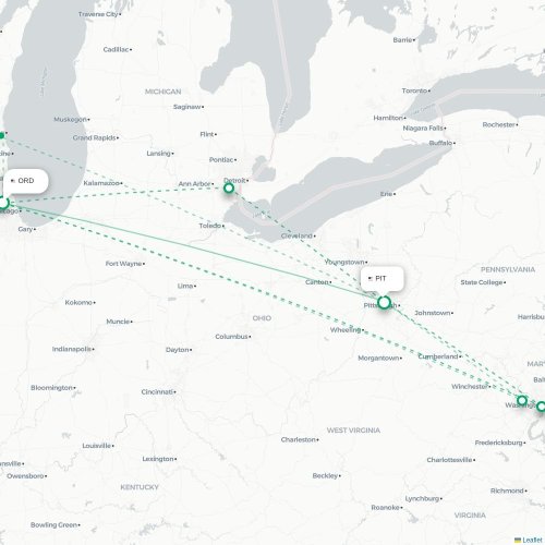 Mapa lotu bezpośredniego Chicago – Pittsburgh