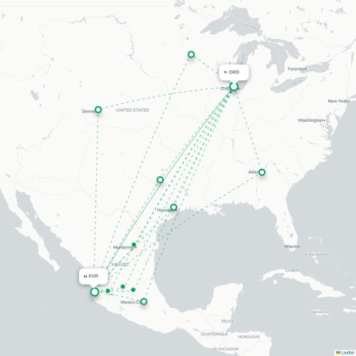 Mapa lotu bezpośredniego Chicago – Puerto Vallarta