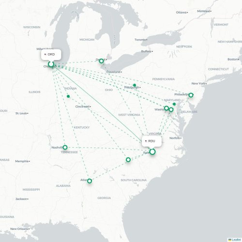 Mapa lotu bezpośredniego Chicago – Raleigh