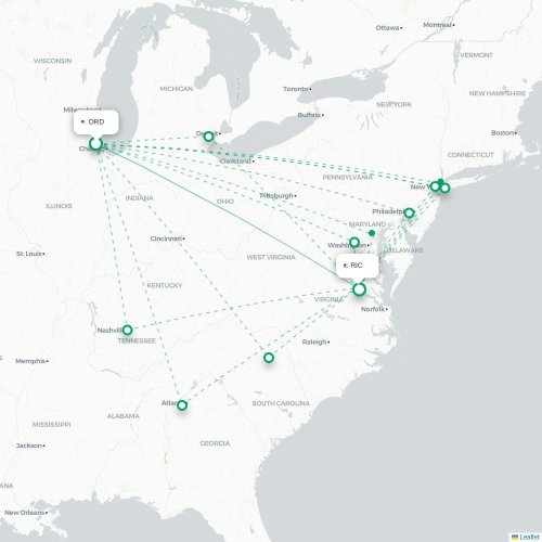 Mapa de vuelo directo Chicago - Richmond