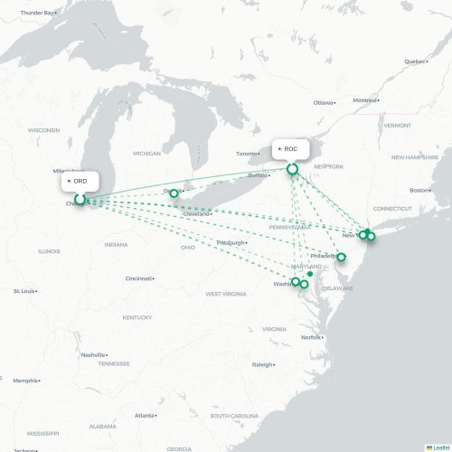 Mapa lotu bezpośredniego Chicago – Rochester