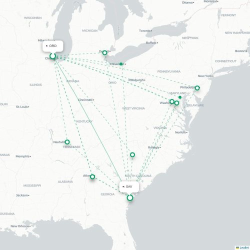 Mapa lotu bezpośredniego Chicago – Savannah
