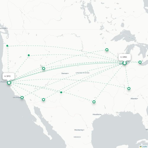 Mapa de vuelo directo Chicago - San Francisco