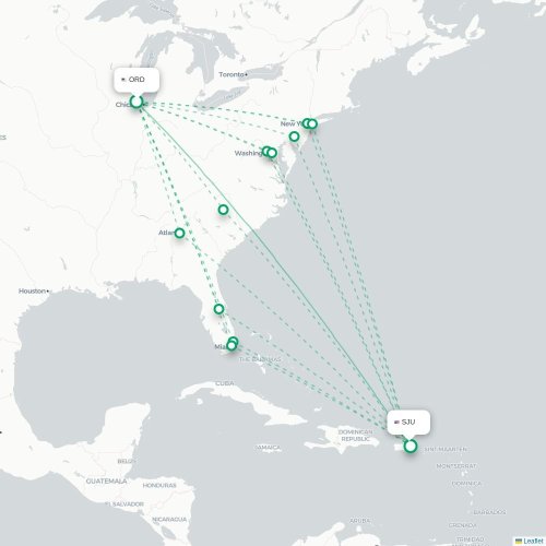 Mapa de vuelo directo Chicago - San Juan